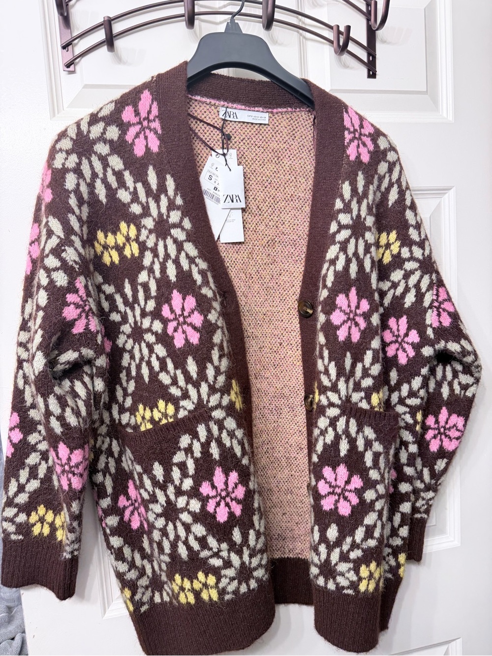 Zara Brown Floral Knit Cardigan with Pink and Yellow Flowers
